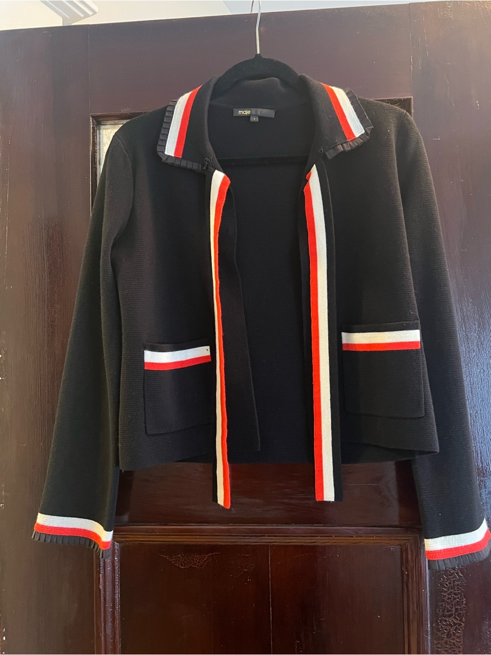Maje Black Knit Cardigan with Red and White Striped Trim size 1